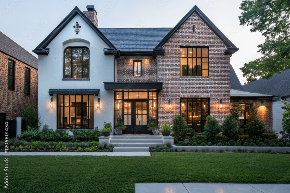This delightful modern brick home features expansive windows and a beautifully landscaped garden, all illuminated during the enchanting twilight hours in a prestigious neighborhood This delightful modern brick home features expansive windows and a beautifully landscaped garden, all illuminated during the enchanting twilight hours in a prestigious neighborhood