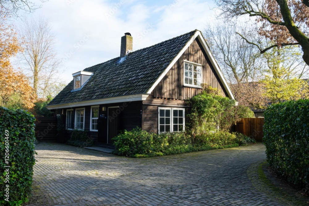 Charming wooden house nestled in lush greenery on a quiet cobblestone pathway during a sunny day in a serene neighborhood Charming wooden house nestled in lush greenery on a quiet cobblestone pathway during a sunny day in a serene neighborhood