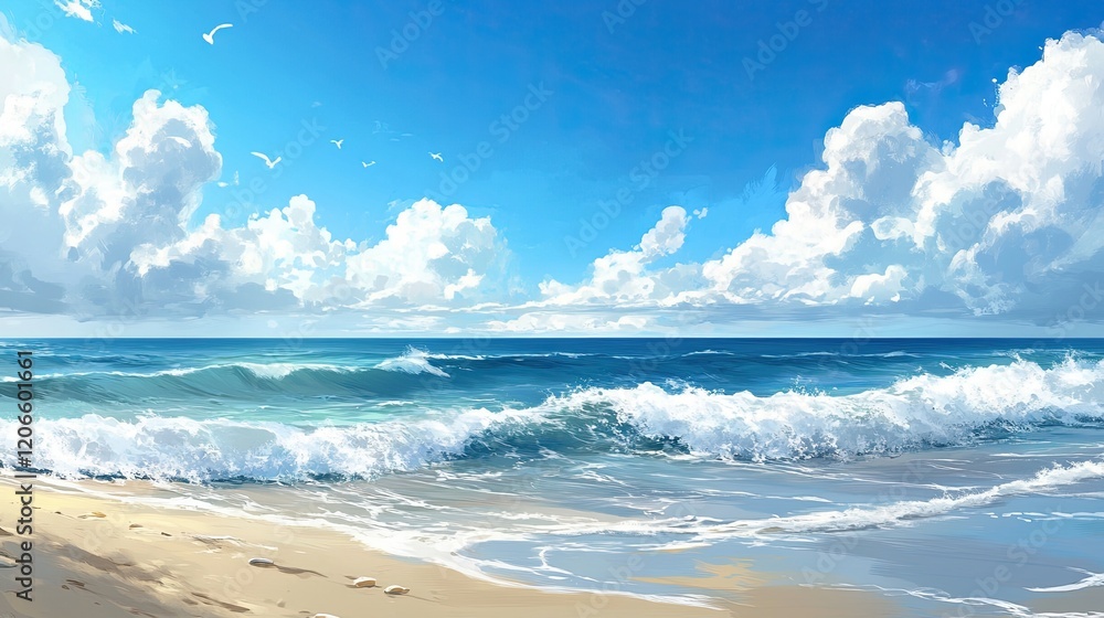 Fototapeta premium Tranquil Beach Scene with Soft Waves Lapping at the Shoreline