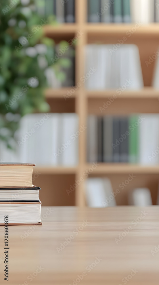 Three Books on Wooden Table with Blurred Bookshelf Background Three Books on Wooden Table with Blurred Bookshelf Background