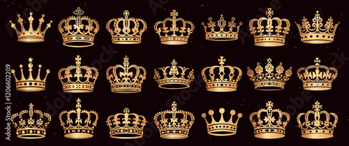 Elegant gold crowns collection isolated illustration, vector set