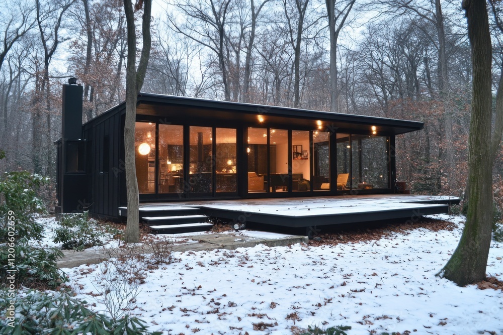 Modern cabin with expansive glass windows nestled in a snowy woodland setting, showcasing warm interior lighting during twilight hours Modern cabin with expansive glass windows nestled in a snowy woodland setting, showcasing warm interior lighting during twilight hours