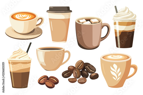 Assorted coffee beverages illustration, vector element set