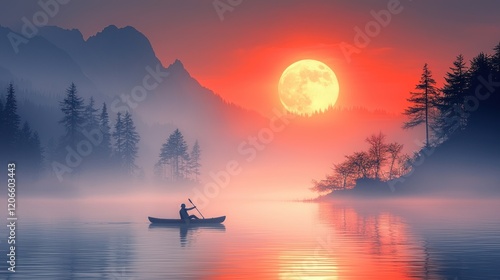 Wallpaper Mural Solitary Figure Rowing on a Misty Lake at Dawn under a Large Red Moon or Sun Torontodigital.ca