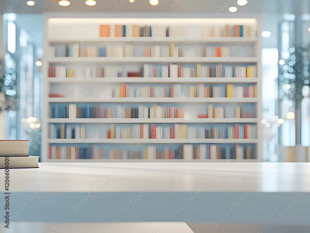 Two Books on Table with Blurred Bookshelf Background Two Books on Table with Blurred Bookshelf Background