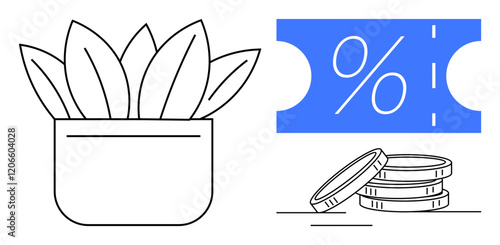 Houseplant in pot, discount coupon with percentage symbol, stacked coins. Ideal for eco-friendly finance, savings, investment, sustainability, discounts financial growth green living. Abstract line