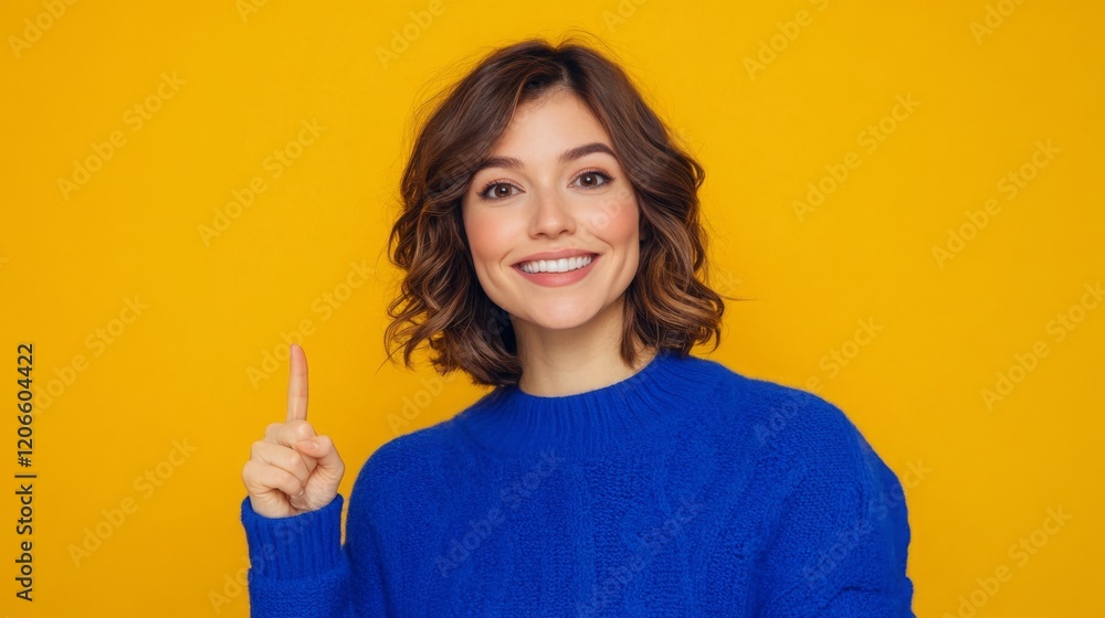 A cheerful woman in a blue sweater points upwards against a bright yellow background, exuding positivity and enthusiasm. A cheerful woman in a blue sweater points upwards against a bright yellow background, exuding positivity and enthusiasm.