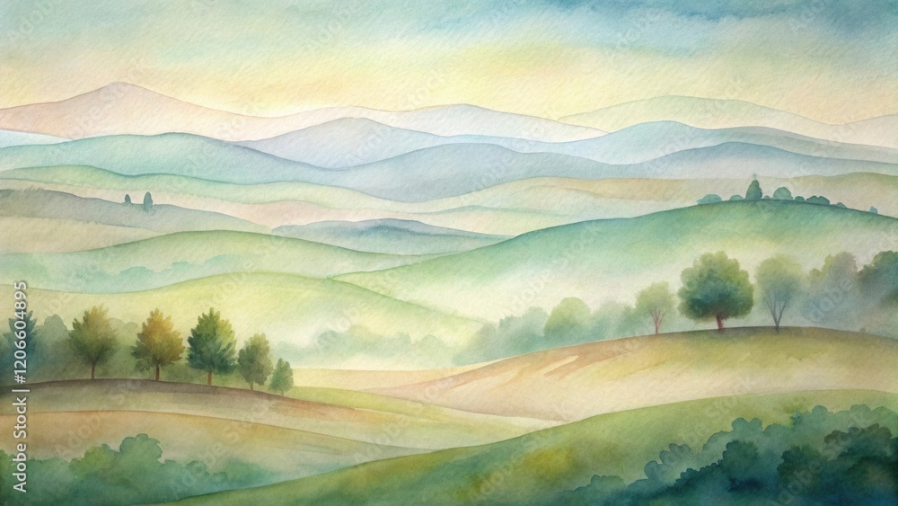 Obraz premium Serene Watercolor Landscape Depicting Rolling Hills and Misty Mountains under a Soft Sky