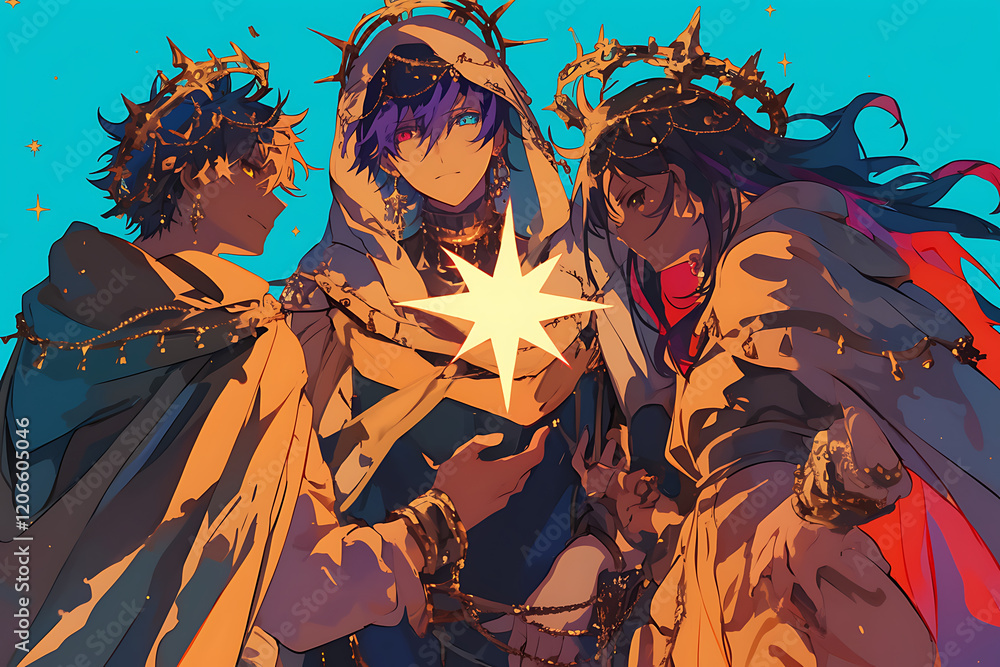 Three ethereal figures adorned with crowns of thorns, surrounded by a celestial glow, in a mystical landscape Three ethereal figures adorned with crowns of thorns, surrounded by a celestial glow, in a mystical landscape