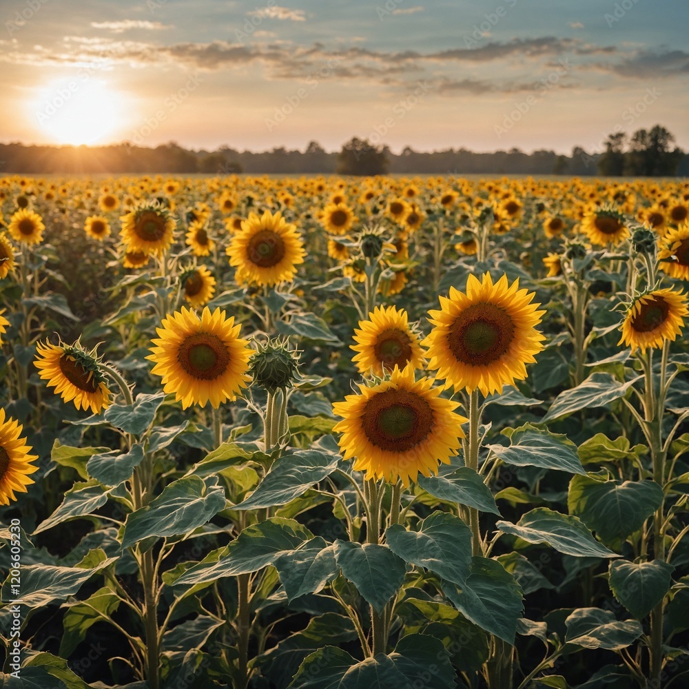 Fototapeta premium Bright yellow sunflowers facing the morning sun.