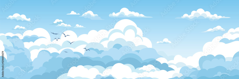 Vector drawing of sky with white clouds, bird flock, cartoon illustration, natural background Vector drawing of sky with white clouds, bird flock, cartoon illustration, natural background