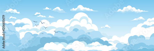 Vector drawing of sky with white clouds, bird flock, cartoon illustration, natural background