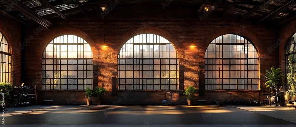 Fototapeta premium Sunlit industrial gym interior with arched windows.