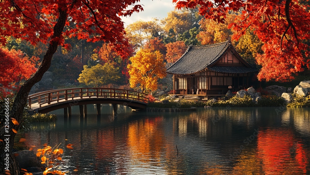 Fototapeta premium Serene autumn scene Japanese house, bridge, pond, colorful foliage.