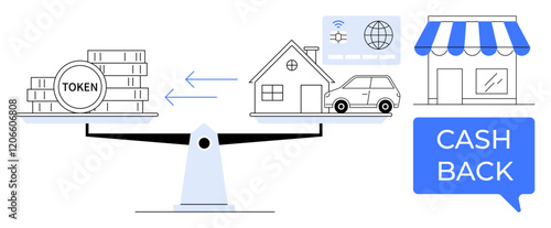 Scales balance tokens and various assets including house, car, and storefront with cashback. Ideal for digital currency, investments, economic balance, finance, real estate, consumer rewards