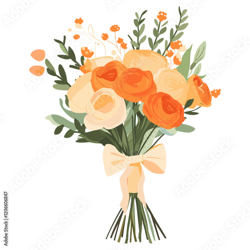 Wedding orange flowers bouquet with paper wrap and bow tired art illustration roses vector