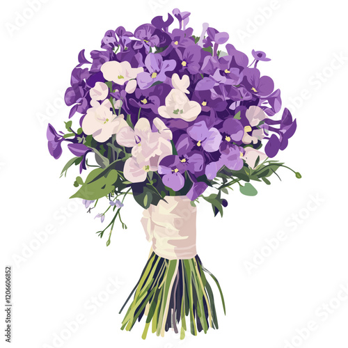 Wedding violet flowers bouquet with paper wrap and bow tired illustration purple art vector
