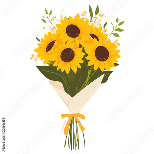 Wedding sunflower flowers bouquet with paper wrap and bow tired art illustration arrangement vector