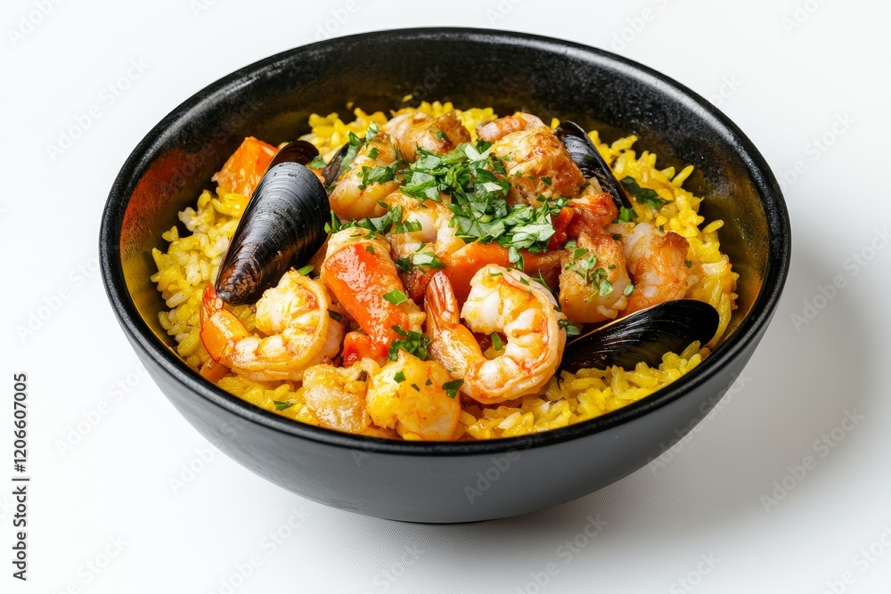 Saffron rice bowl with shrimp, mussels, and parsley. Saffron rice bowl with shrimp, mussels, and parsley.