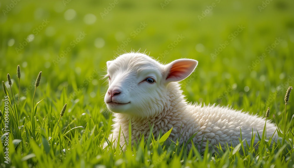 Fototapeta premium Adorable White Lamb Resting in Lush Green Spring Pasture