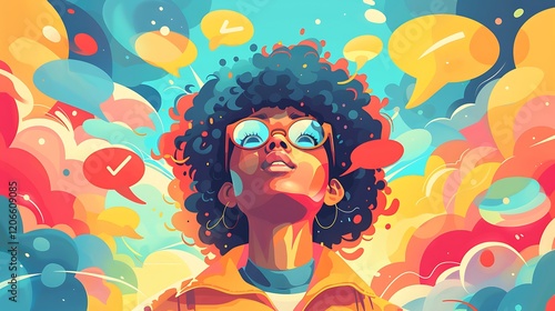 Woman, ideas, colorful bubbles, inspiration, mind,  design, illustration, stock photo