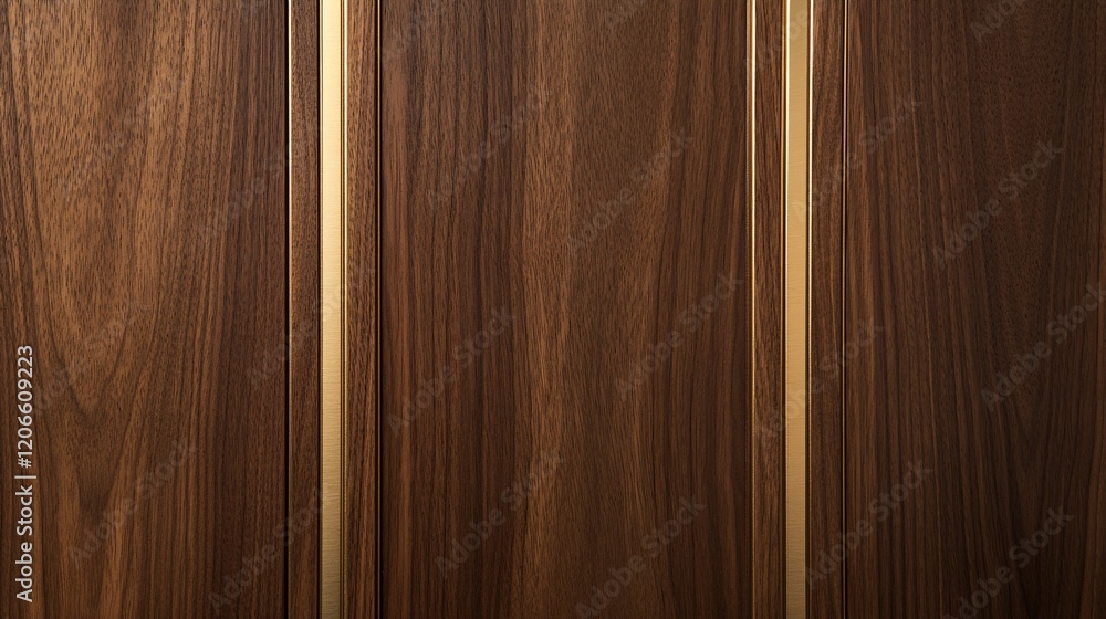 Naklejka premium Dark wood paneling, gold trim, interior wall texture, blurred background, design