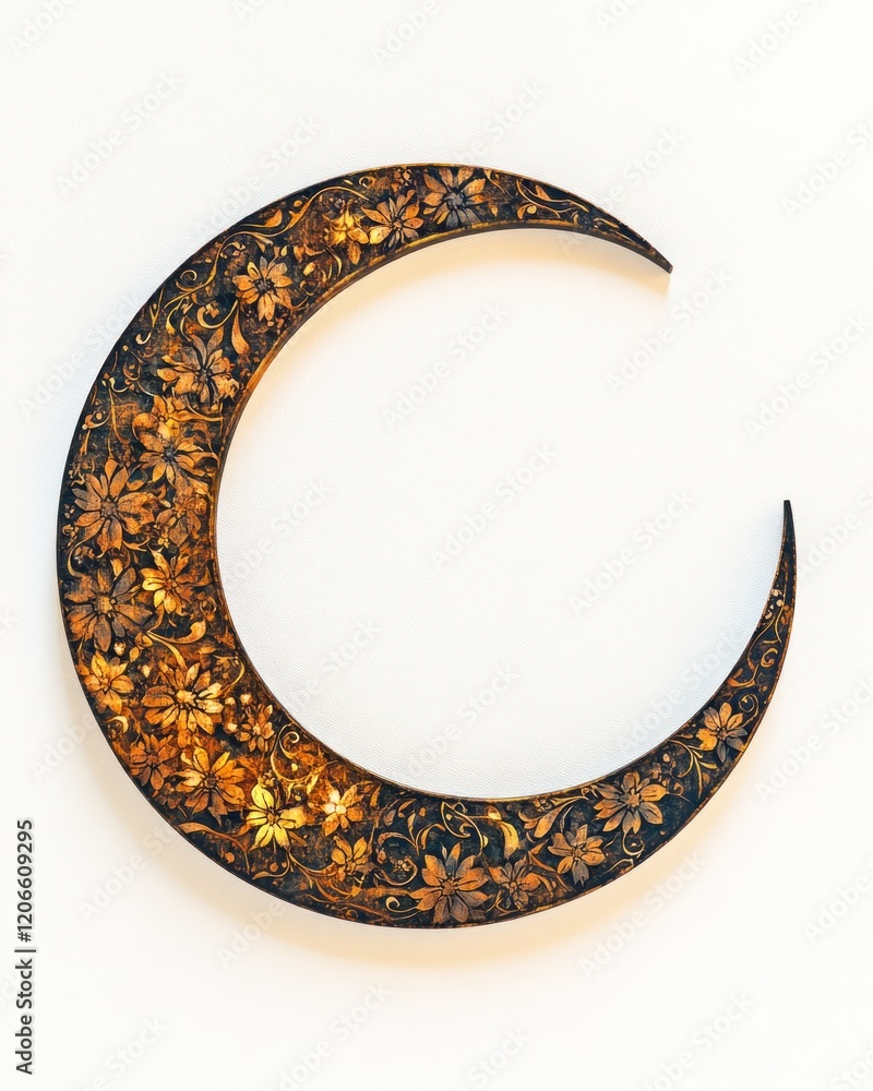 Ornate Golden Crescent Moon with Intricate Floral Pattern on Textured White Background Ornate Golden Crescent Moon with Intricate Floral Pattern on Textured White Background