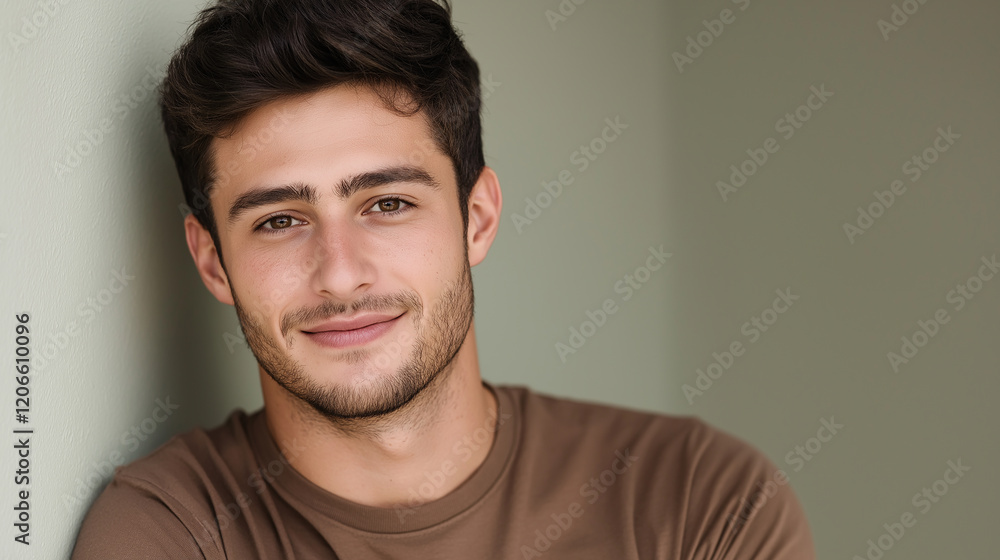Fototapeta premium Portrait of smiling young man leaning against wall