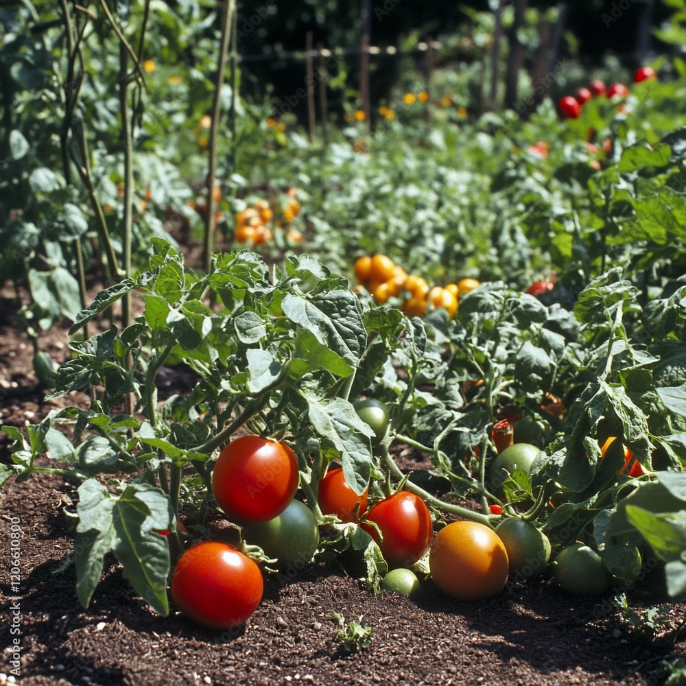 Ripe tomatoes growing in sunny garden rows Ripe tomatoes growing in sunny garden rows