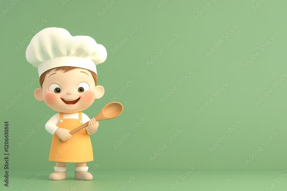 Cute cartoon chef child holding a wooden spoon on green background symbolizing cooking and culinary creativity Cute cartoon chef child holding a wooden spoon on green background symbolizing cooking and culinary creativity
