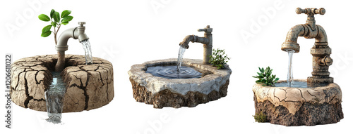 Isolated Water Fountains with Cracked Concrete and Natural Elements photo