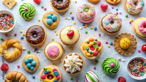 A delightful assortment of colorful pastries, including mini donuts, tarts, and cookies, adorned with sprinkles and vibrant toppings.