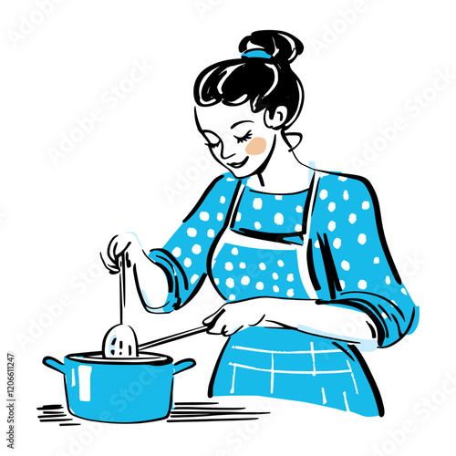 Woman cooking style blue pot vector