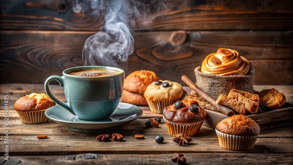 Fototapeta premium Aromatic coffee steaming in a teal mug, accompanied by a delightful assortment of freshly baked muffins and sweet rolls, arranged on a rustic wooden table