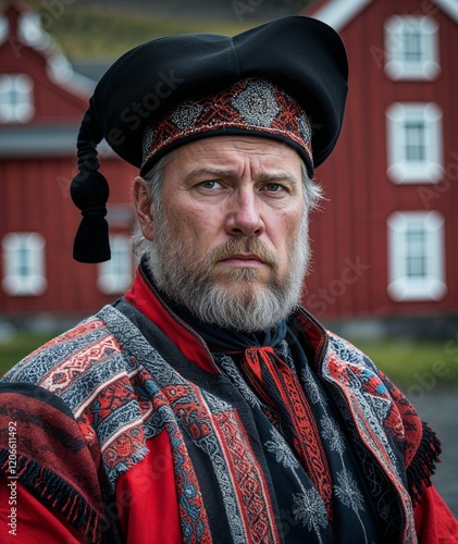 Wallpaper Mural Adult man of Icelandic nationality in traditional attire with serious expression portrait photo historical site background Torontodigital.ca