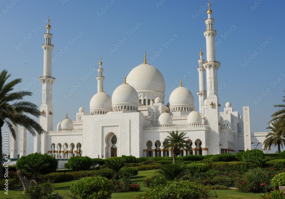 Obraz premium A majestic white mosque with turquoise domes and tall minarets, surrounded by lush green tropical plants and palm trees