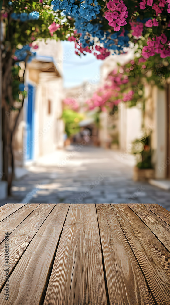 Wooden Tabletop with Blurred Background of Bougainvillea-Lined Street Wooden Tabletop with Blurred Background of Bougainvillea-Lined Street