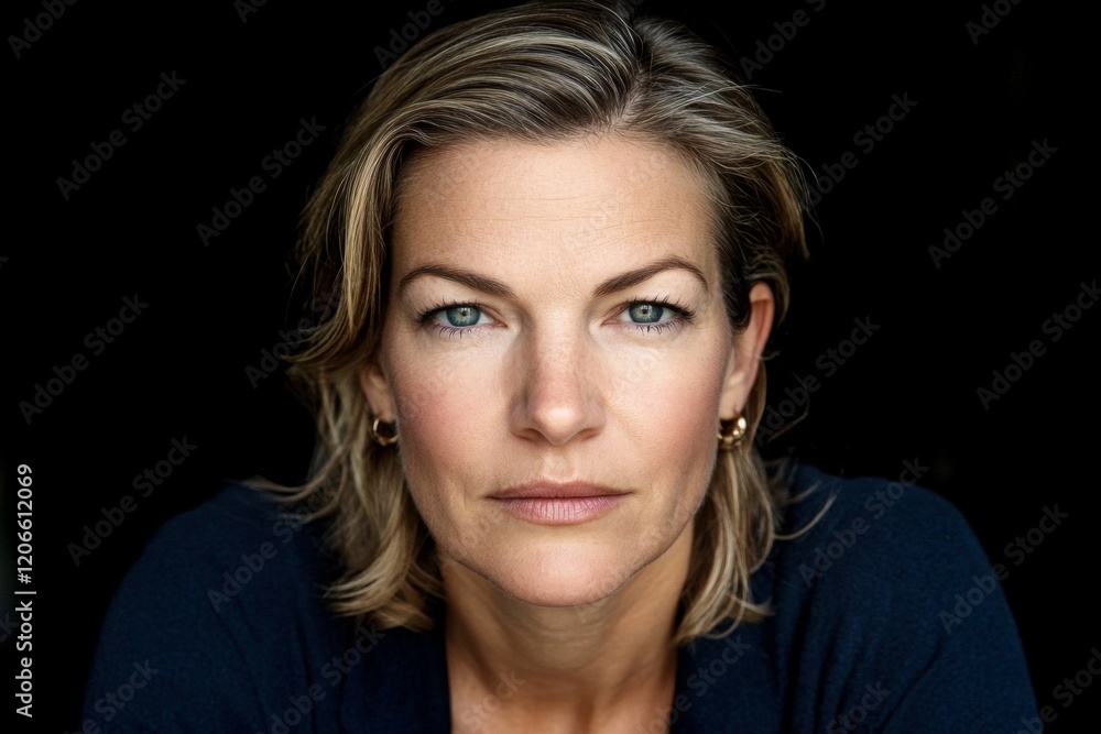 Portrait of a confident woman with striking blue eyes and medium-length hair captured in a dark setting Portrait of a confident woman with striking blue eyes and medium-length hair captured in a dark setting