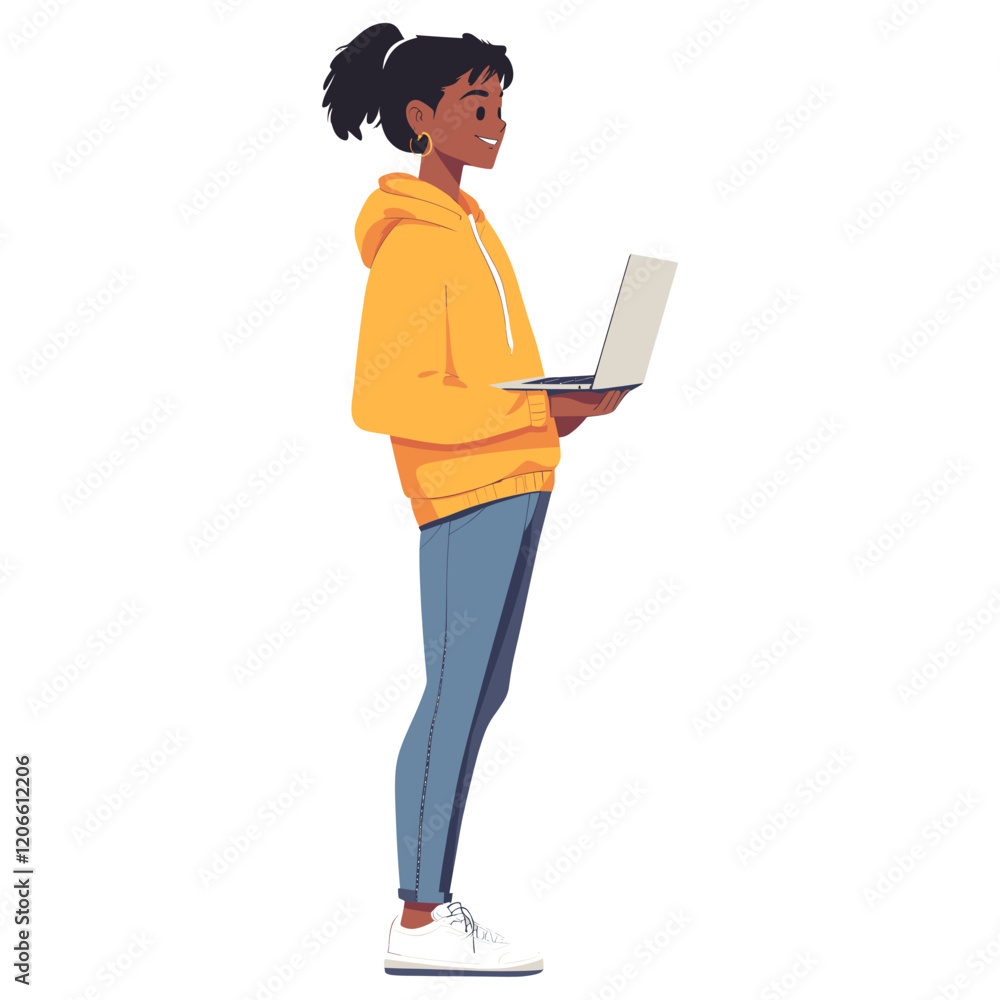 Teen woman holding laptop illustration standing clothing vector