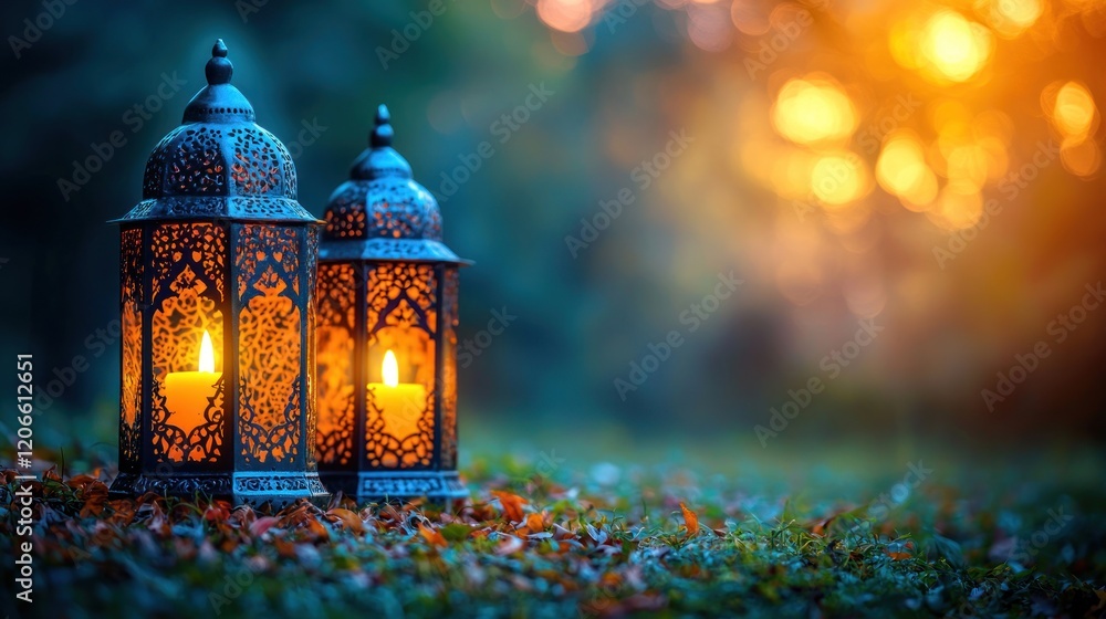 Ornate Lanterns Glowing in Autumn Night Garden Ornate Lanterns Glowing in Autumn Night Garden