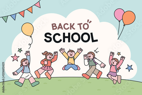 Back to School Celebration with Cheerful Students and Balloons. school poster concept.