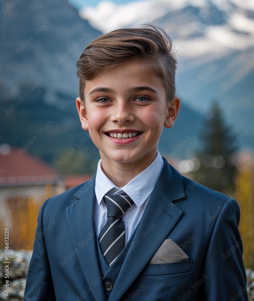 Teen boy of Hungarian nationality in formal suit with smiling portrait photo mountain background Teen boy of Hungarian nationality in formal suit with smiling portrait photo mountain background