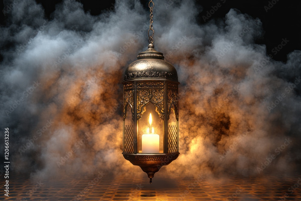 Ornate Metal Lantern with Lit Candle Hanging in Smoky Dark Environment Ornate Metal Lantern with Lit Candle Hanging in Smoky Dark Environment