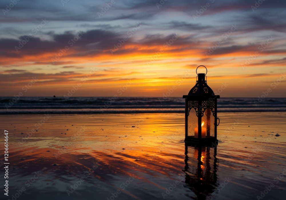 Fototapeta premium A glowing lantern placed on the reflective surface of a serene beach at sunset