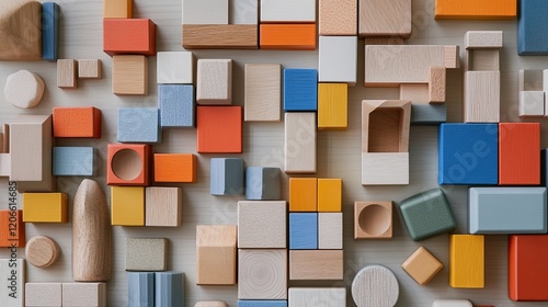 Closeup of Colorful Themed Wooden Blocks Organized on Flat Surface photo