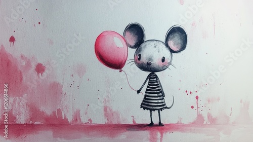 Cute mouse holding pink balloon, watercolor art, pink background, children's book illustration photo