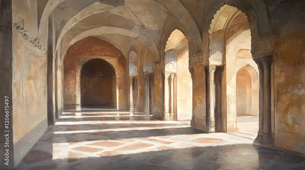 Sunlit Arched Hallway Ancient Architecture Detail Sunlit Arched Hallway Ancient Architecture Detail