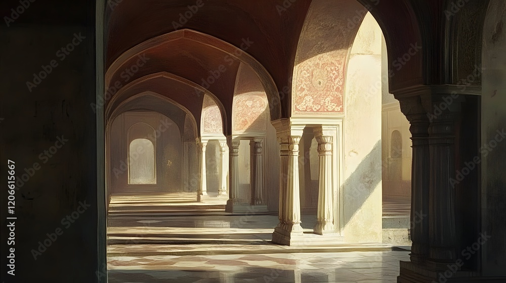 Fototapeta premium Sunlit Colonnade In An Ancient Palace Corridor