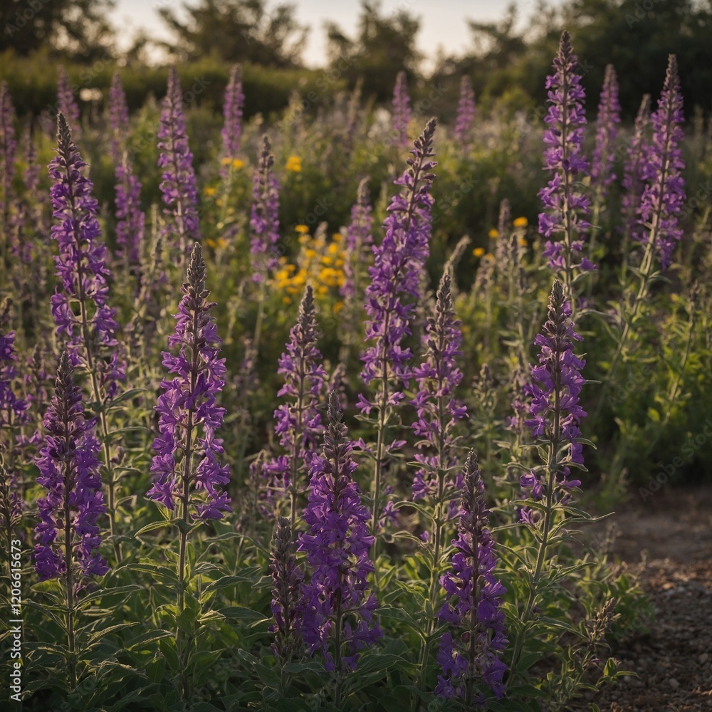 Obraz premium Purple salvias blooming along a garden border.