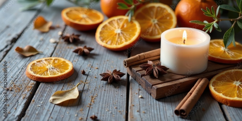 Aromatic Candlelight Scene with Dried Orange Slices and Star Anise on Rustic Wooden Surface Aromatic Candlelight Scene with Dried Orange Slices and Star Anise on Rustic Wooden Surface